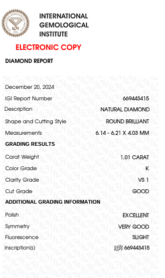 Solitairekart 1.01 Carat K Color VS1 Clarity Natural Diamond